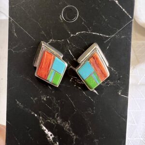 VTG A Francisco Native Navajo Spiny Oyster Turquoise Sterling Vintage Earrings